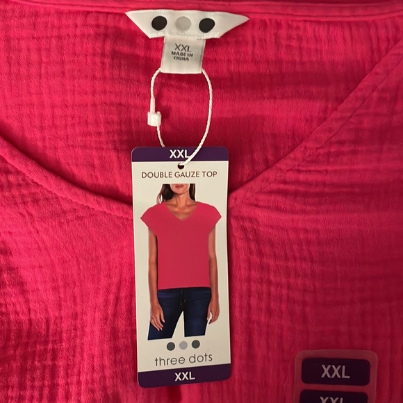 Three Dots Pink XXL Double Gauze V-neck. Short sleeve Side slits - Picture 5 of 6